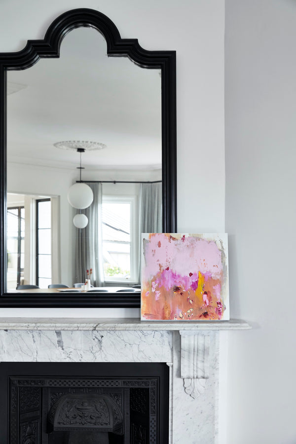 Brigitte Amiel-Northover's oil on wood features flowers in pinks, oranges, yellows and purples