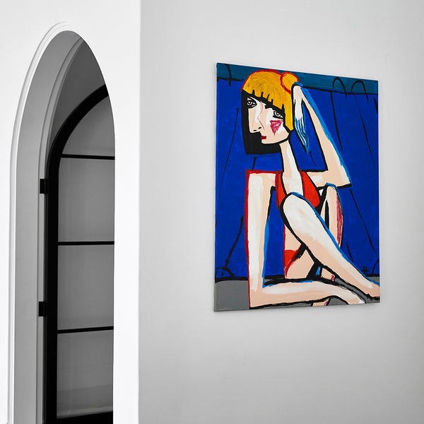 Affordable Australian art. Kate Rogers original work on canvas features a woman in a red bikini sitting by a pool