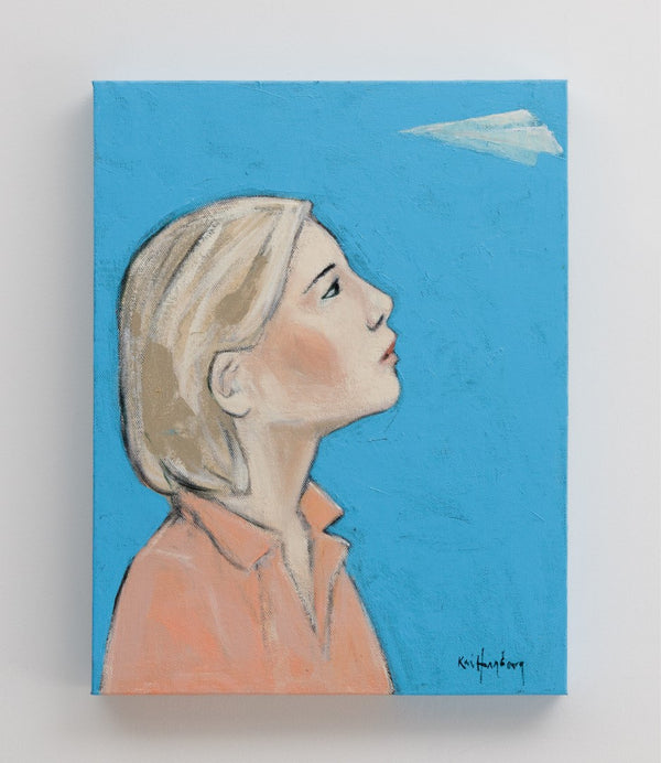 Affordable Australian art by Kai Hagberg. Highflyer features a woman looking up at a paper plane
